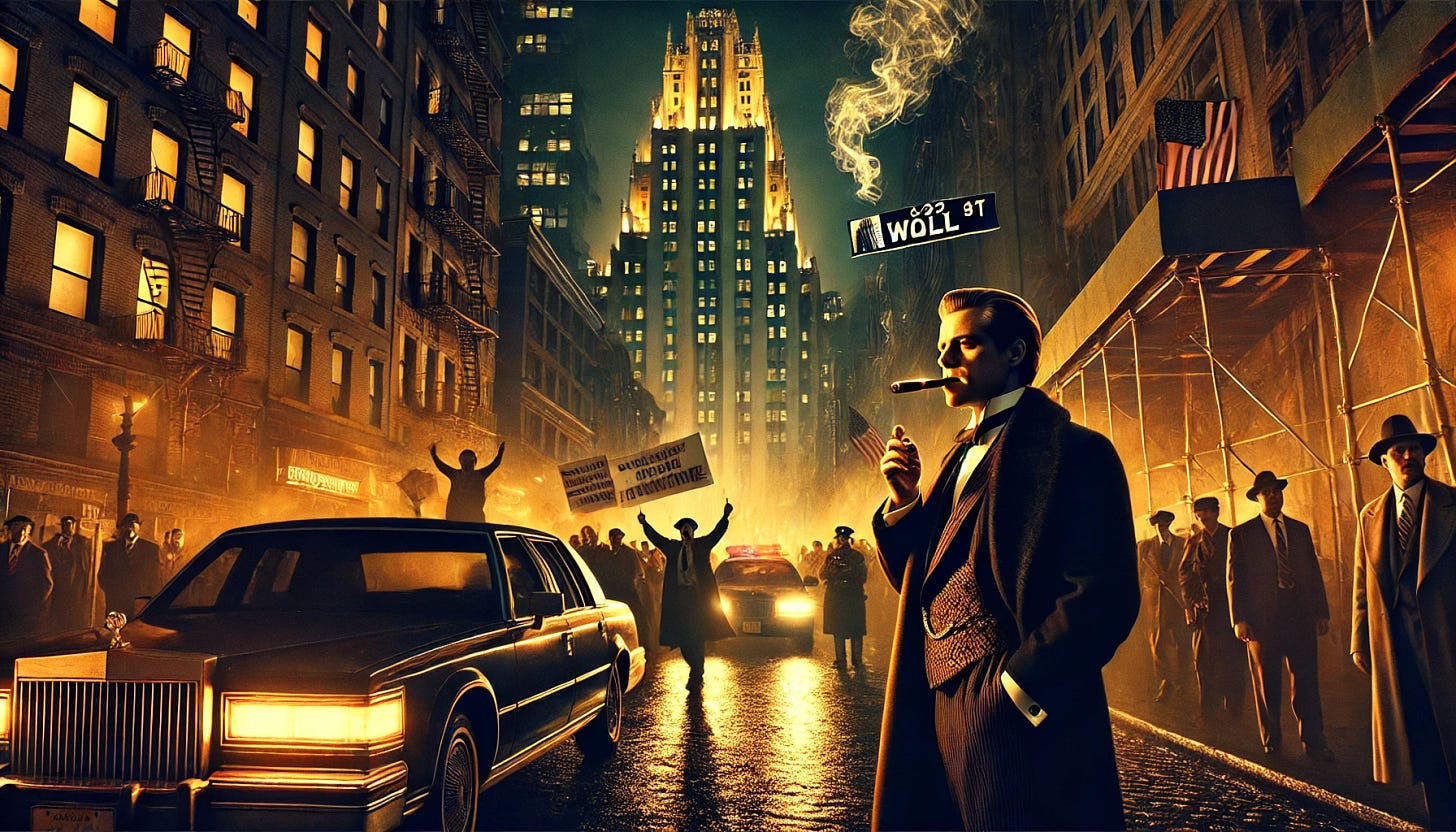 A high-drama, cinematic scene in the style of 'Bonfire of the Vanities,' depicting the collision of wealth and downfall in a neon-lit cityscape at night. In the foreground, a Wall Street tycoon in an expensive suit and overcoat, gripping a cigar, looks over his shoulder with paranoia as he steps away from a black limousine. Behind him, a chaotic street unfolds—angry protesters with signs, flashing police lights, and a crumbling tenement building, symbolizing the decayed foundation of the city’s elite. The atmosphere is charged with tension, with deep shadows, golden reflections from streetlights, and a gritty, noir-inspired aesthetic. The towering skyline in the background looms ominously, evoking the grandeur and corruption of high finance.