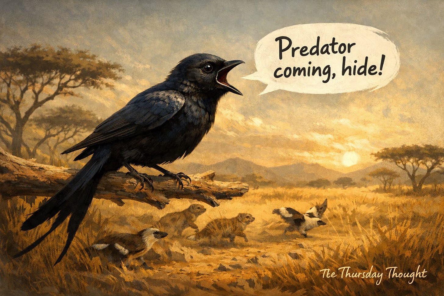 Painterly, warm-toned savannah scene at sunrise. A fork-tailed drongo perches on a branch with its beak open, calling out a warning. A large speech bubble reads, “Predator coming, hide!” In the grass below, small animals scatter as if fleeing for cover. Subtle “The Thursday Thought” branding sits in the bottom-right corner.