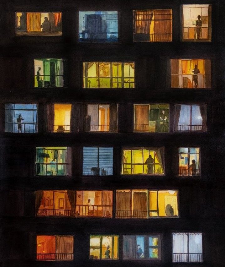 This may contain: an image of many windows lit up in the night time with people looking out from them