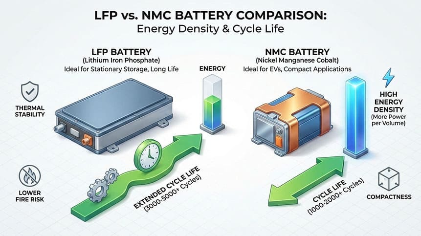 Visual comparison chart of LFP vs. NMC battery energy density vs. lifespan