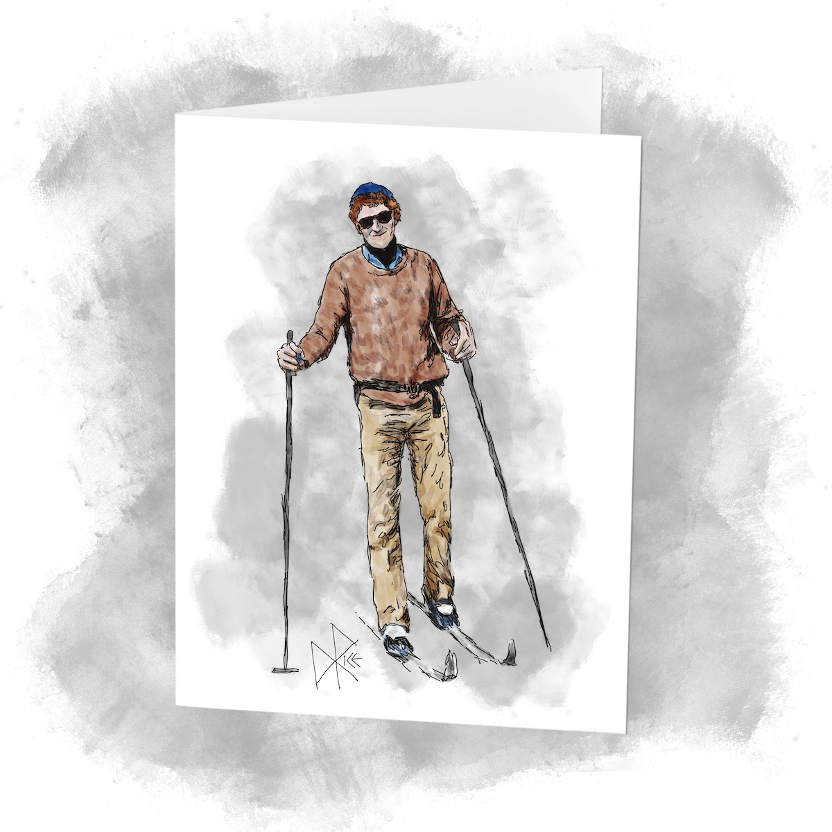 A tall thin man enjoys a beautiful winter day while skiing through light powder on the trail. Sketch art by Don Rice.