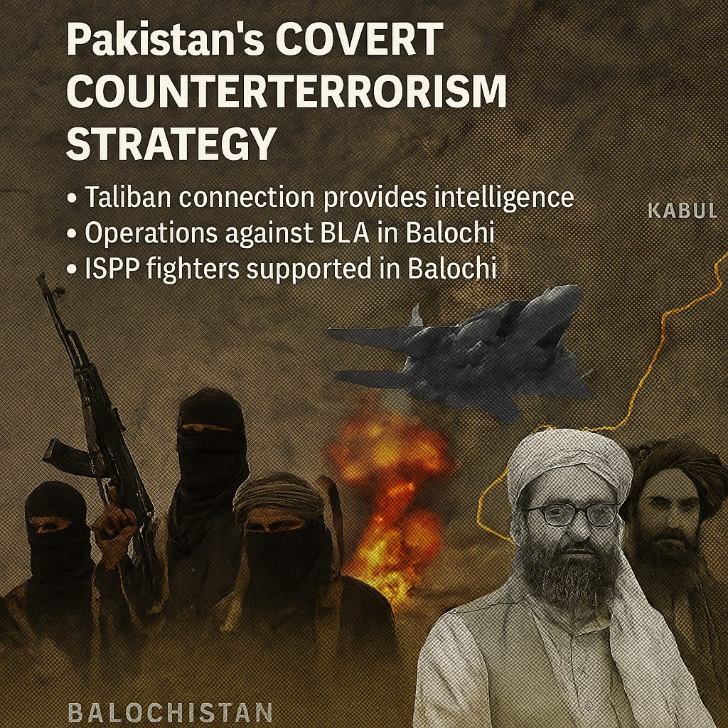A symbolic depiction of Pakistan's covert military strategy: a shadowy figure representing the Pakistan Army shaking hands with a suited Taliban commander in front of a map showing Balochistan and Afghanistan. In the background, a drone flies over mountainous terrain, while masked insurgents clash with armed forces in Balochistan. A luxury apartment in Lahore glows subtly, representing VIP protection. The overall tone is tense, strategic, and covert.