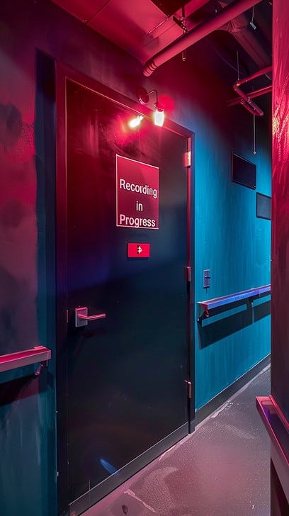 Behind the closed, dark-toned door marked with a glowing red 'Recording in Progress' sign, a session unfolds, perhaps involving musicians laying down new tracks or a podcaster capturing their latest episode. The surrounding corridors are lit in complementary shades, creating an intense and focused atmosphere. Such environments are dedicated to the art of sound, meticulously designed to keep outside noises at bay and ensure high-quality audio capture.