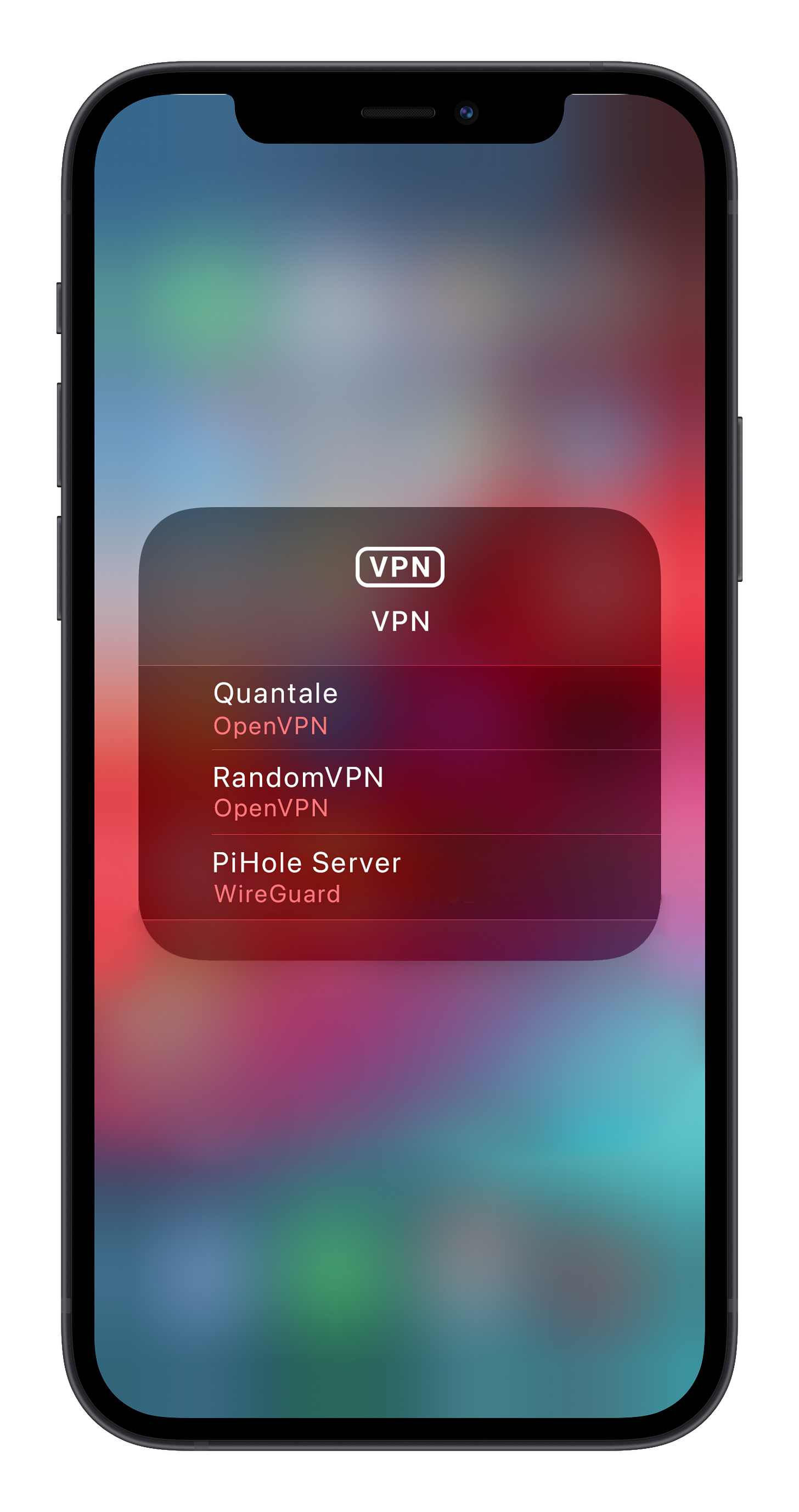 Long press on the VPN icon in Control Center reveals the list of available server Long press on the VPN icon in Control Center reveals the list of available server