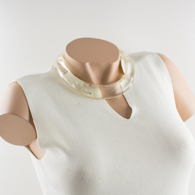 Contemporary Transparent Resin Rigid Collar Necklace With Silver Flakes Inclusions For Sale - Image 3 of 10