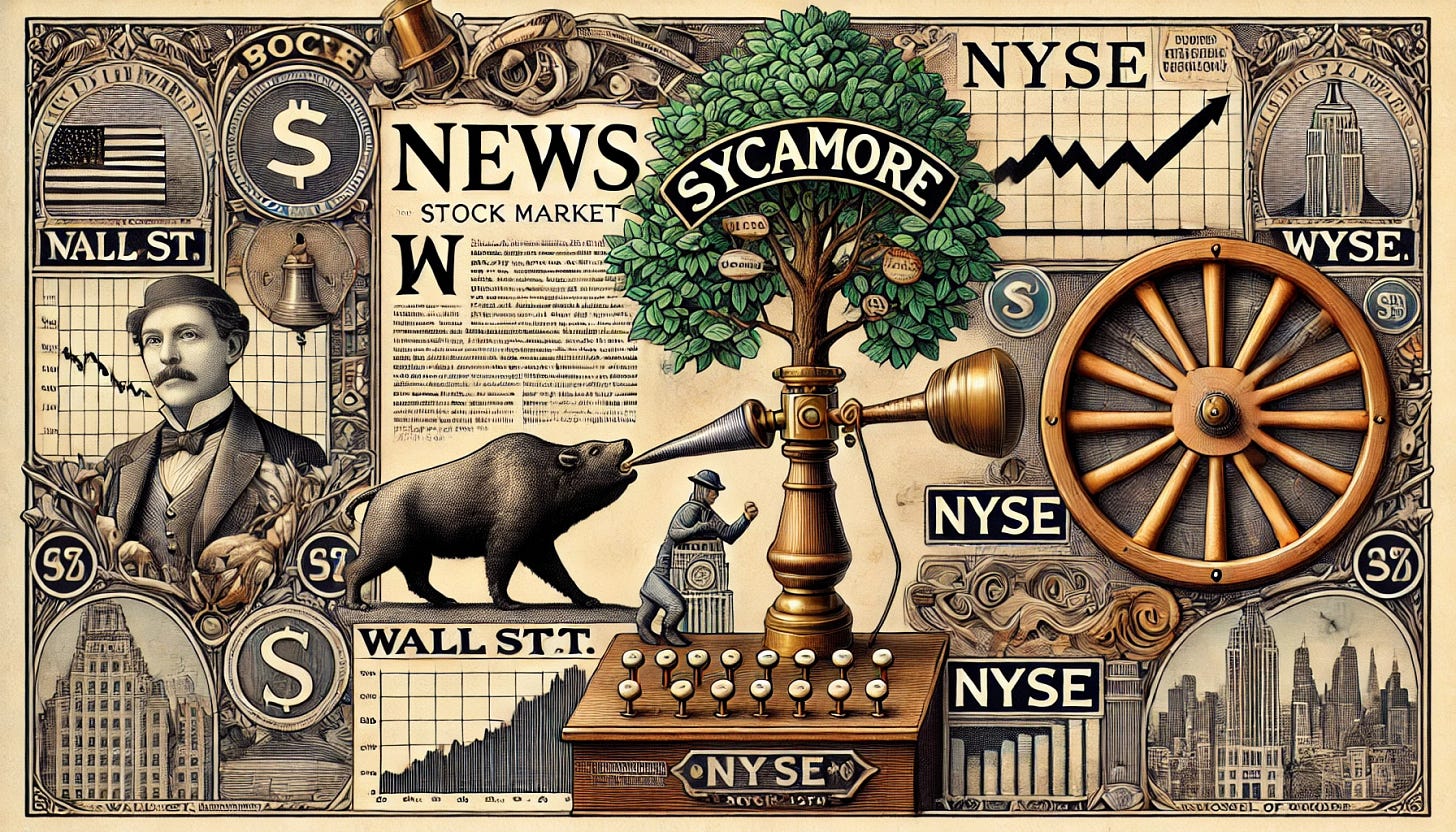 A detailed illustration of news being transmitted via a vintage telegraph wire, with the word 'Sycamore' prominently displayed. The scene includes stock market symbols such as a bull and bear, Wall St. sign, stock charts, and NYSE imagery. A subtle roulette wheel is integrated into the design, along with a sycamore tree. A small figure of Zacchaeus from the Gospel of Luke is depicted climbing the sycamore tree. The art style blends historical and modern financial themes, creating a visually engaging composition. A detailed illustration of news being transmitted via a vintage telegraph wire, with the word 'Sycamore' prominently displayed. The scene includes stock market symbols such as a bull and bear, Wall St. sign, stock charts, and NYSE imagery. A subtle roulette wheel is integrated into the design, along with a sycamore tree. A small figure of Zacchaeus from the Gospel of Luke is depicted climbing the sycamore tree. The art style blends historical and modern financial themes, creating a visually engaging composition.