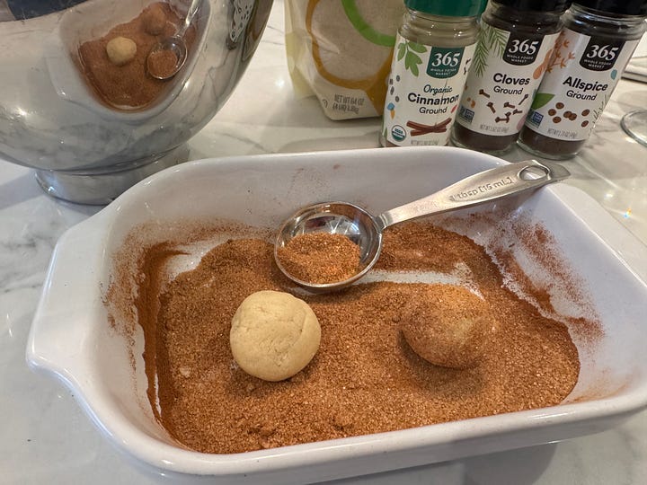 left: raw cookie dough balls being rolled in cinnamon sugar spice; right: cookies baking on trays in the oven