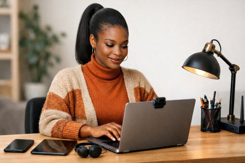 Woman wearing copper turtleneck and copper-and-tan sweater types on laptop with clip-on camera. Tablet, headphones, smartphone and desk lamp sit on the same desk.