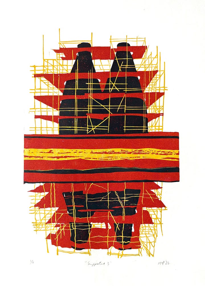 The four different versions of the completed set: 1. Light grey scaffolding, mid grey platforms and almost black kilns; 2yellow scaffolding, red platforms and jade kilns; 3. yellow scaffolding, red platforms and purply black kilns; 4. soft dawn light background, light grey scaffolding, light brown platforms with a darker brown wall, and a chocolatey brown shade for the kilns.