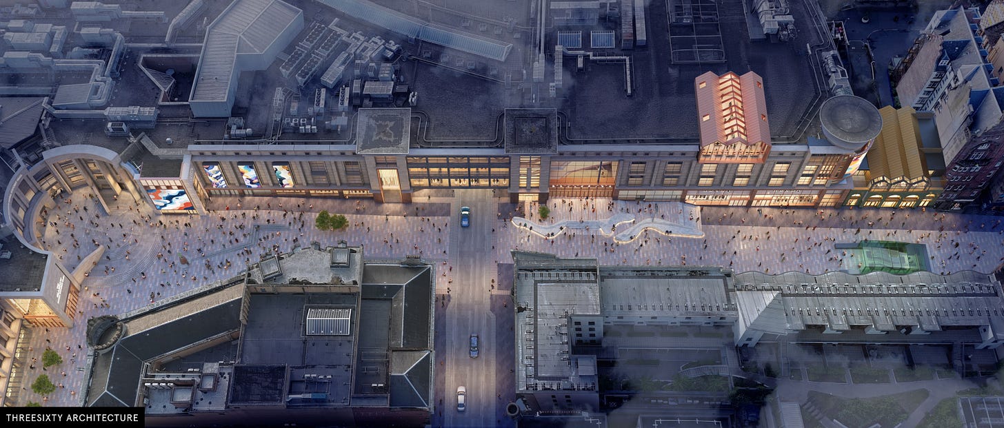 Aerial view of the proposed redesign for Buchanan Galleries in Glasgow, showcasing the busy streets and architectural layout during twilight.