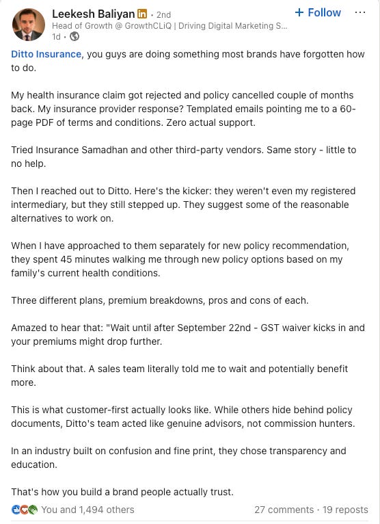 A profile picture of Leekesh Bailyan next to text on a social media post. The text includes the name Nithin Kamath and mentions of Ditto, health insurance, and policy claims. A watermark from X is visible.
