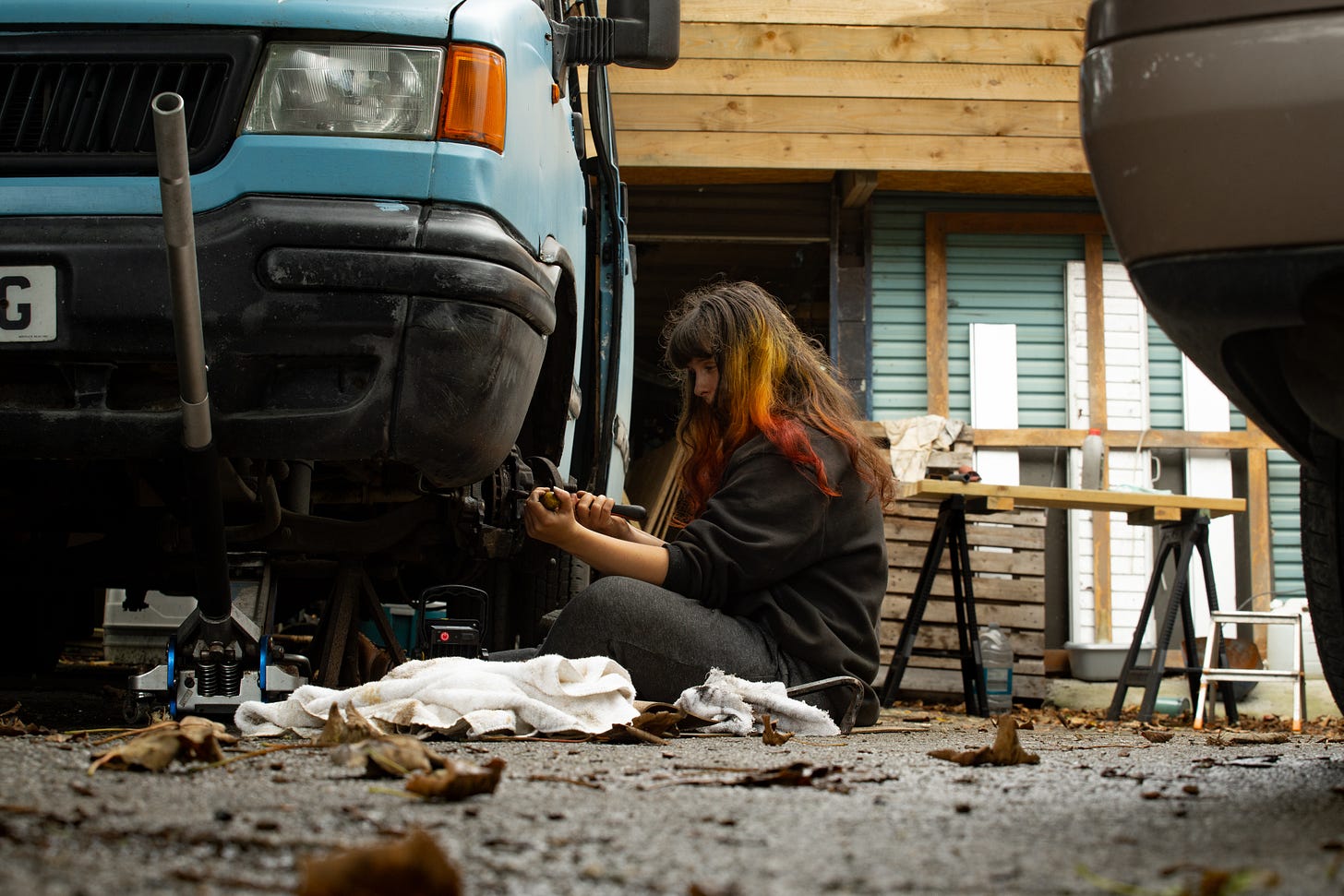 female girl woman mechanic petrol head growing up story travel writer van life welding repair spanners bodge fix LDV Convoy British vehicles old 