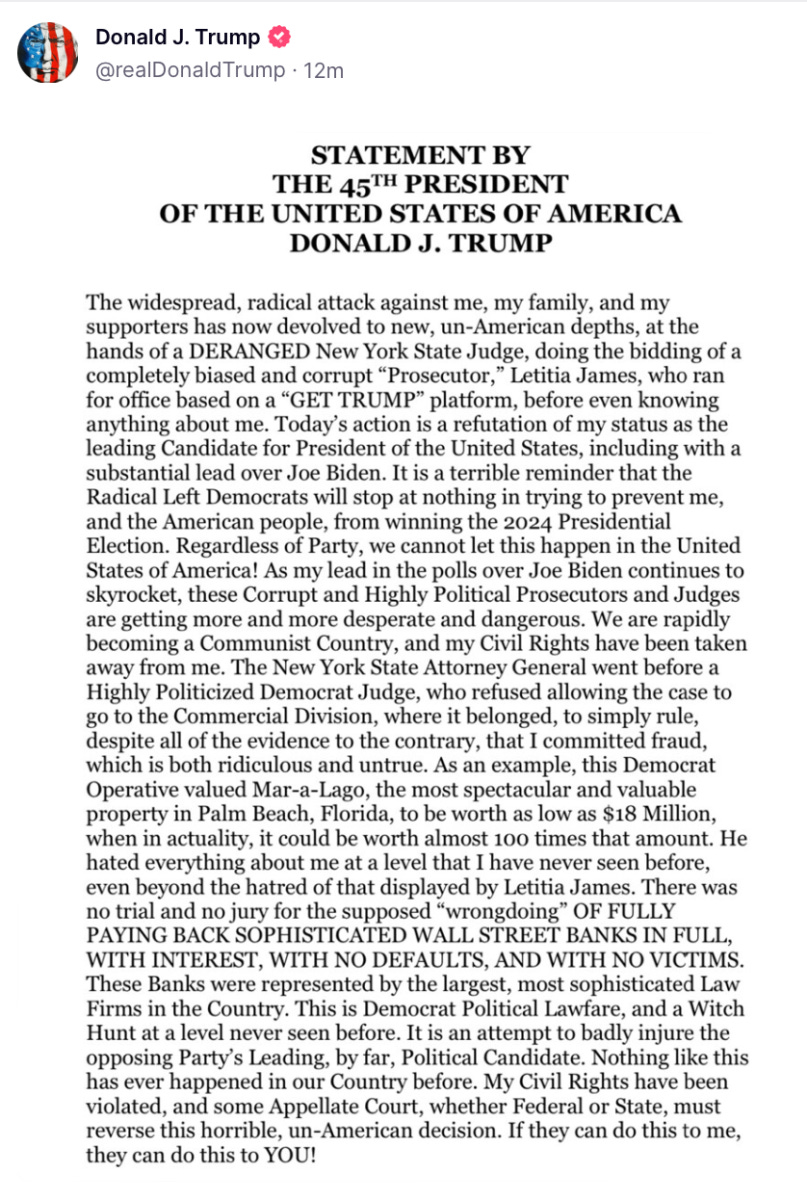 Trump melting down on Truth Social over New York ruling