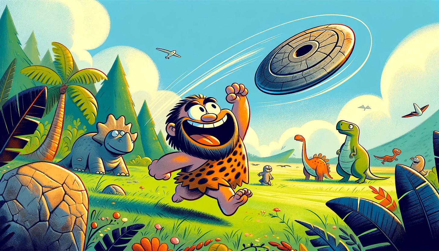 Cartoon illustration set in a vibrant prehistoric landscape, where a cheerful caveman is in the act of throwing a large, stone wheel towards the right, mimicking a frisbee toss with great enthusiasm. The caveman's posture is dynamic and full of energy, capturing the moment right after the release of the wheel. His face beams with pride and excitement over his new 'invention'. To the side, a group of curious dinosaurs, including a small T-Rex and a Triceratops, watch in bewilderment, unsure of what to make of this strange flying object. The scene is filled with lush prehistoric vegetation, adding a colorful backdrop to the scenario. Above the caveman, a speech bubble clearly states, "Look, I invented the frisbee!" This cartoon humorously blends the historic invention of the wheel with the modern concept of a frisbee, creating a funny anachronism.