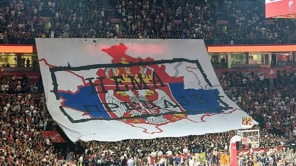 Delije with a big flag no surrender - KOSOVO IS SERBIA at the basketball game Crvena Zvezda - Baskonia. Delije with a big flag no surrender - KOSOVO IS SERBIA at the basketball game Crvena Zvezda - Baskonia.