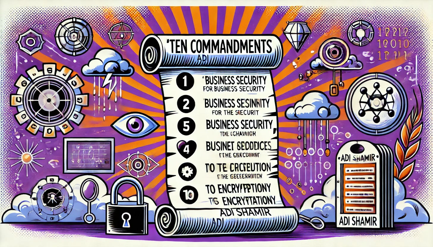 A pop art style illustration depicting Adi Shamir’s 'Ten Commandments' for business security in cybersecurity. The color palette is restricted to bright purple, bright orange, black, and white, with a white background. The design features a symbolic list or scroll of principles, alongside elements like a shield, a lock, and abstract digital symbols to represent encryption and cybersecurity. The scene is clean and minimal, capturing the timeless guidance Shamir provided in cybersecurity.