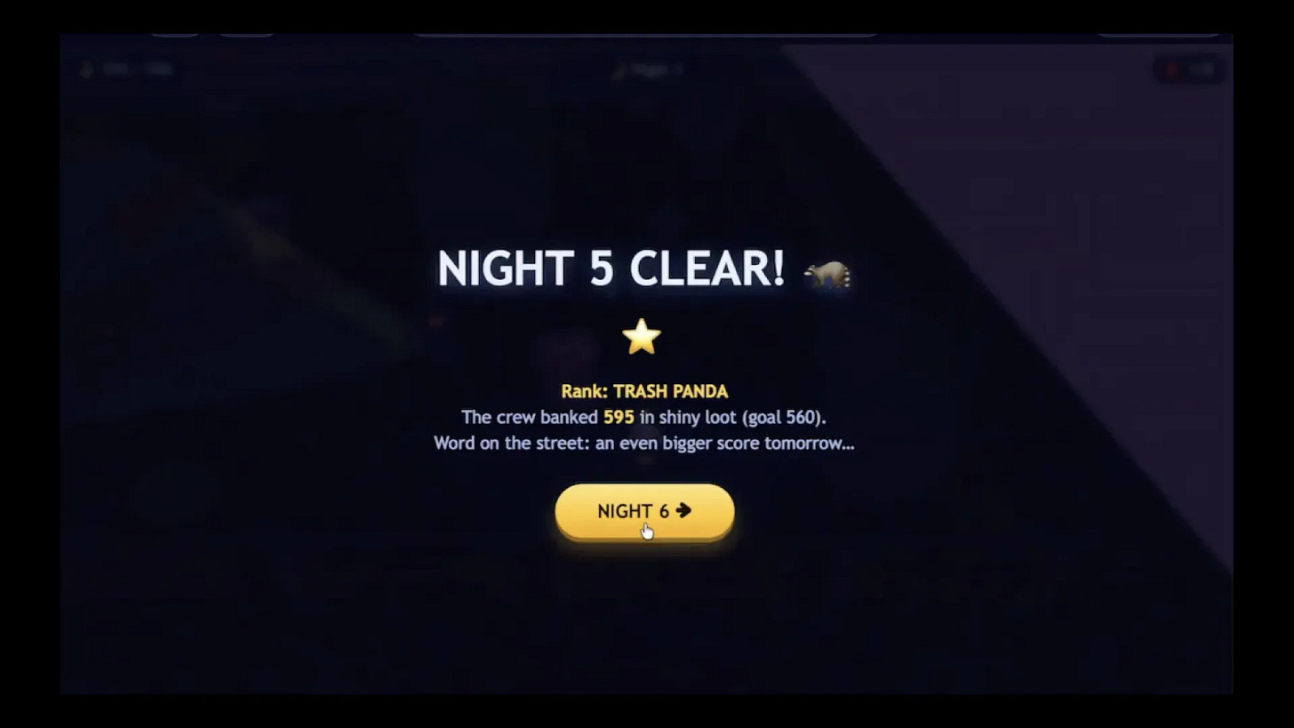 Night 5 Clear

Rank: TRASH PANDA
The crew banked 595 in shiny loot (goal 560).
Word on the street: an even bigger score tomorrow...