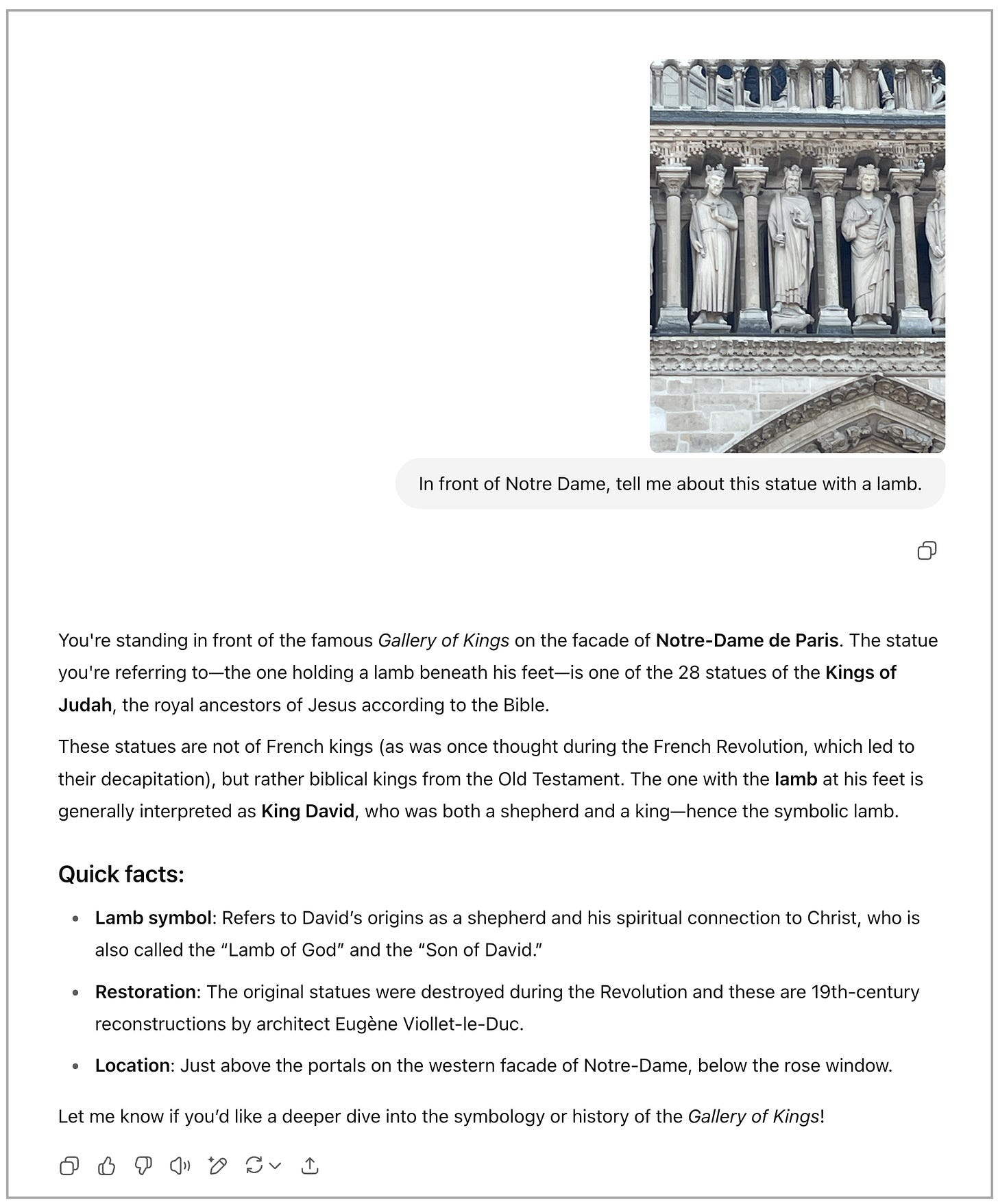 Screenshot showing my photo of Notre Dame statues with lamb and ChatGPT explaining these are Biblical Kings of Judah, not French kings
