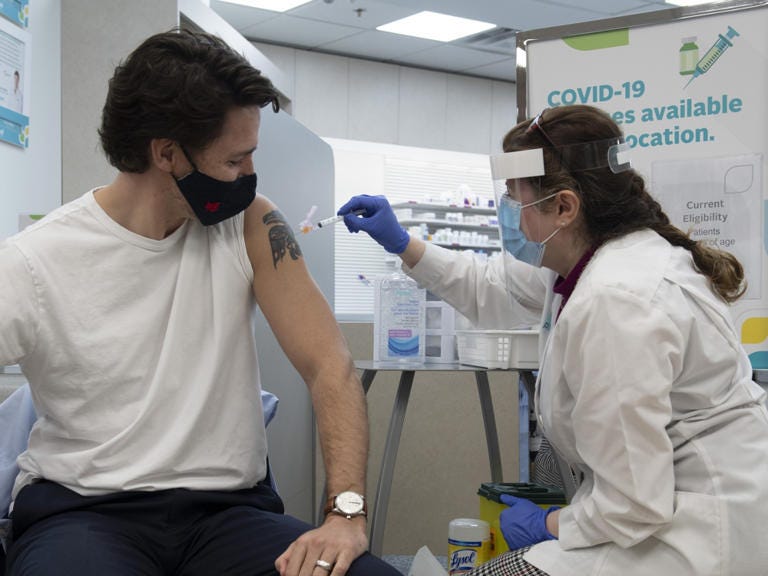 Prime Minister Justin Trudeau receives his COVID vaccination in Ottawa, Friday April 23, 2021. THE CANADIAN PRESS/Adrian Wyld