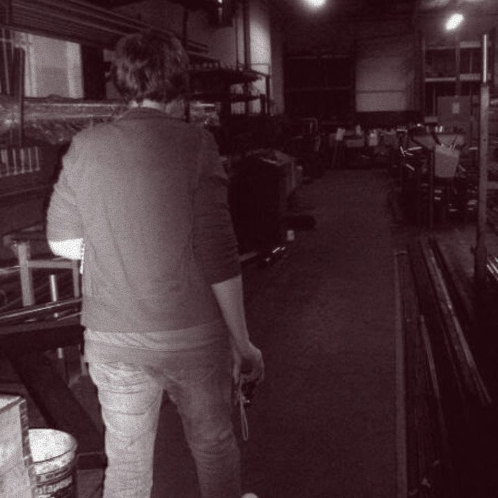 photo 1: taking notes in a basement. photo 2: taking environmental measurements in a restaurant. photo 3. walking through a warehouse. photo 4: setting up a camcorder on a tripod.