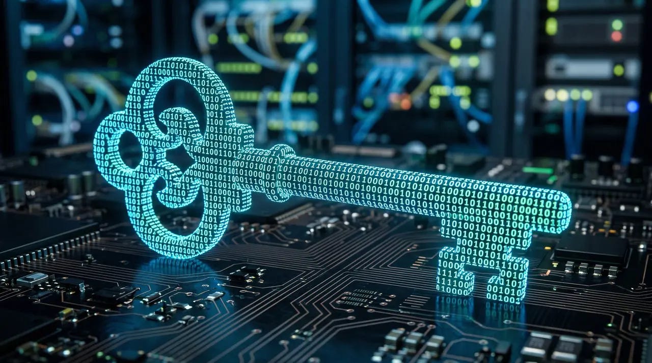 Warpspeed Says Its Ai Cuts Quantum Encryption Cracking Cost Sharply A key drawn in glowing binary digits above a circuit board