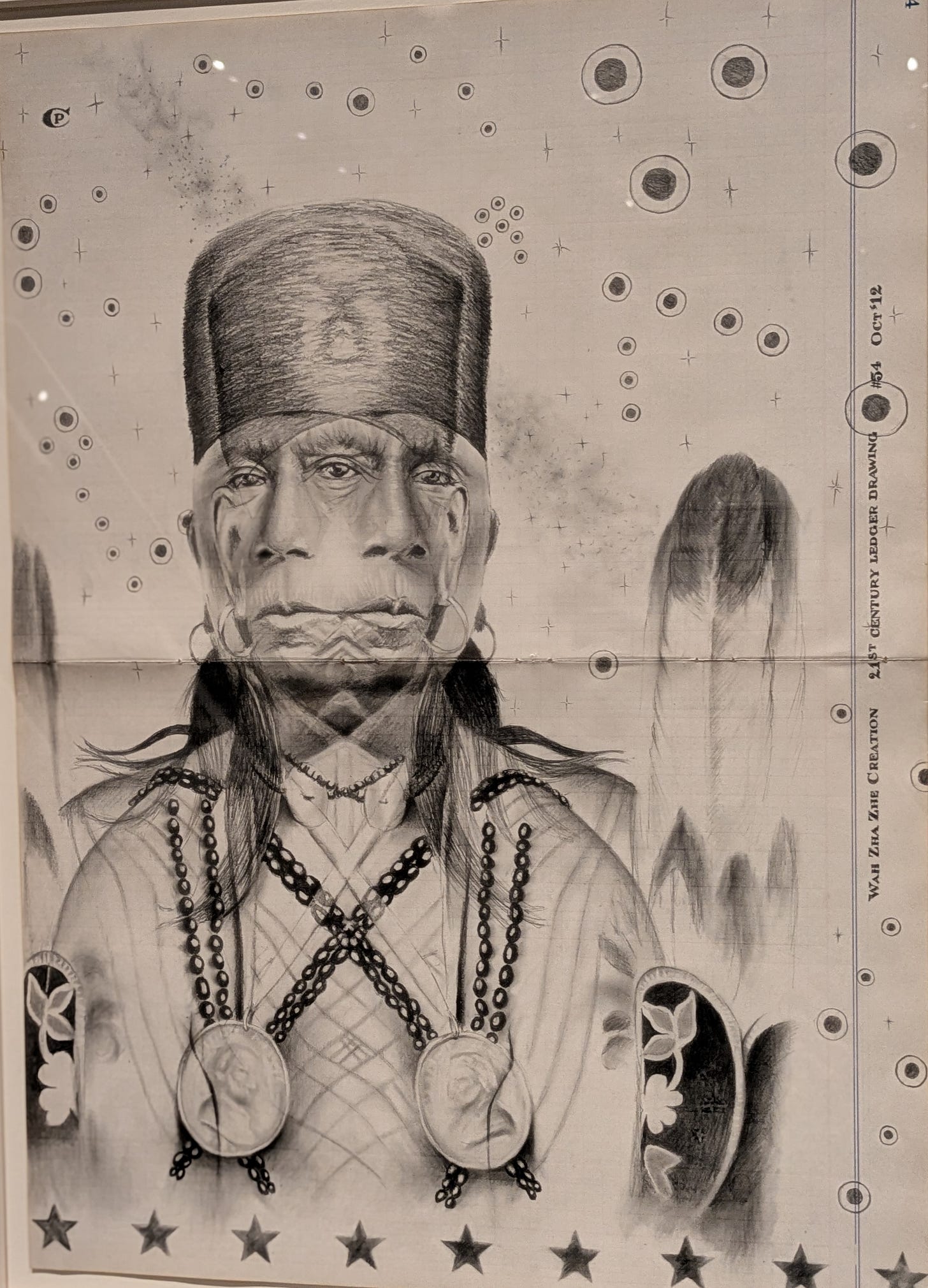 Wah Zha Zhe Creation, 21st Century Ledger Drawing No. 54, 2012. Chris Pappan (Osage / Kaw / Cheyenne River / Lakota. Drawn as solid dots inside circles, stars form the background of this portrait of Chief Bacon Rind one of the last Osage chiefs. The stars reference the Wah Zha Zhe, or Osage creation story about people stepping down from the stars.