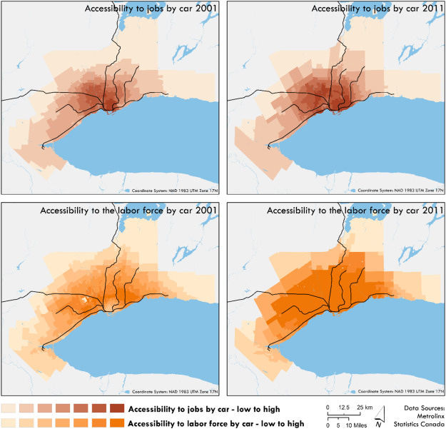 Access to jobs and the labor force by car within 30 min.