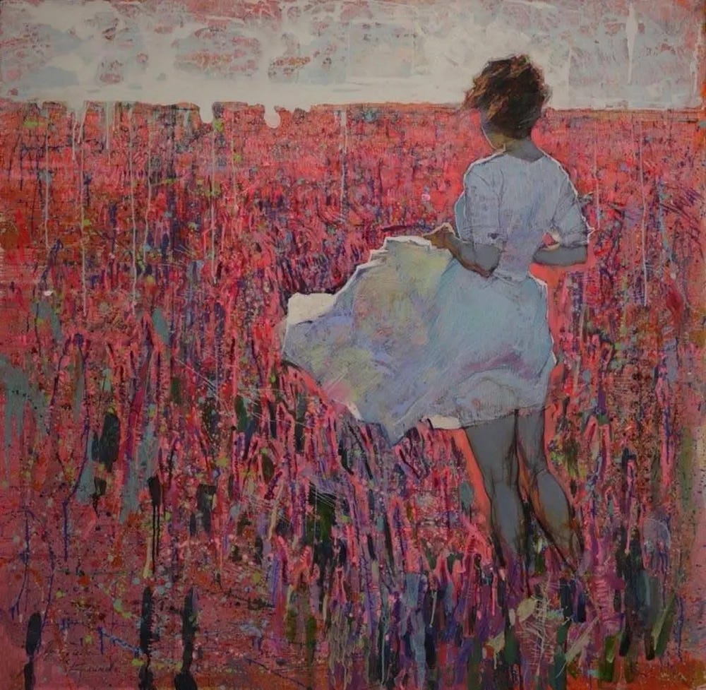 Olga Grigoreva Klimova, The Wind (Ukrainian). Painting of a young woman seen from behind, wearing a light white dress flowing in the wind, standing in the middle of a vast field of flowers in shades of red, pink, and purple. The landscape is highly textured, with loose vertical brushstrokes suggesting movement and depth, while the pale sky gently contrasts with the colorful field.