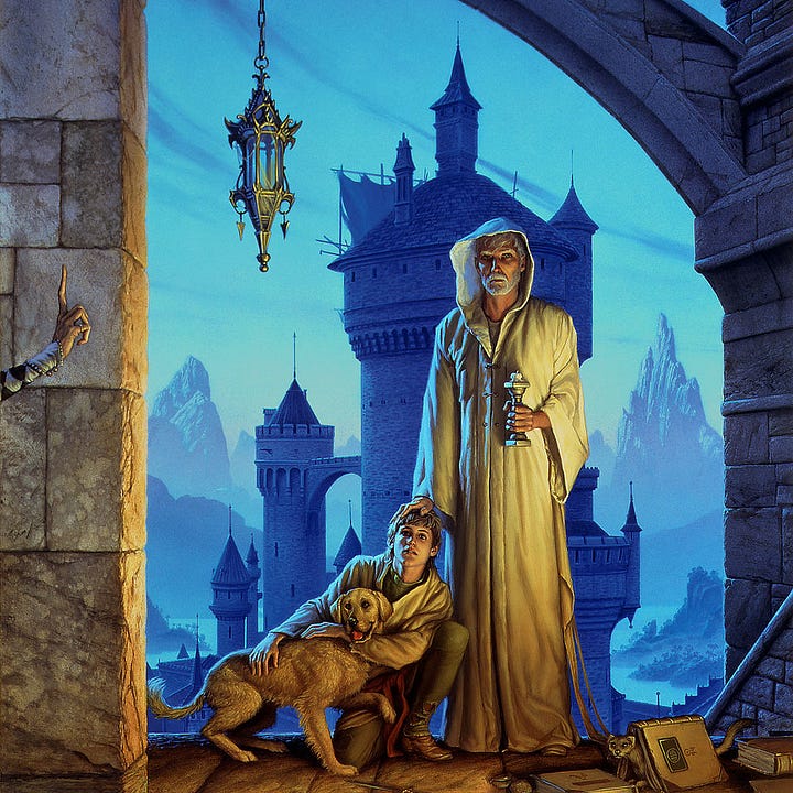 LEFT: Detail from ASSASSIN'S APPRENTICE featuring a boy kneeling with his arms wrapped around a dog. A white-bearded man wearing robes and holding a candlestick stands next to him with a hand resting on the boy's head. A book lies fanned on the ground, and a ferret emerges from the tent of its pages. The artist’s sigil, a stylized M and W joined in a circle, adorns the cover.  RIGHT: Alternate preliminary concept for ASSASSIN'S APPRENTICE. Backlit by a fireplace, a boy sits at a table holding a dog in his lap. A bald man stands behind him holding a candle. A wisp of smoke curls off the candle. An assortment of trinkets, blades, and powders sit on a table in front of them.