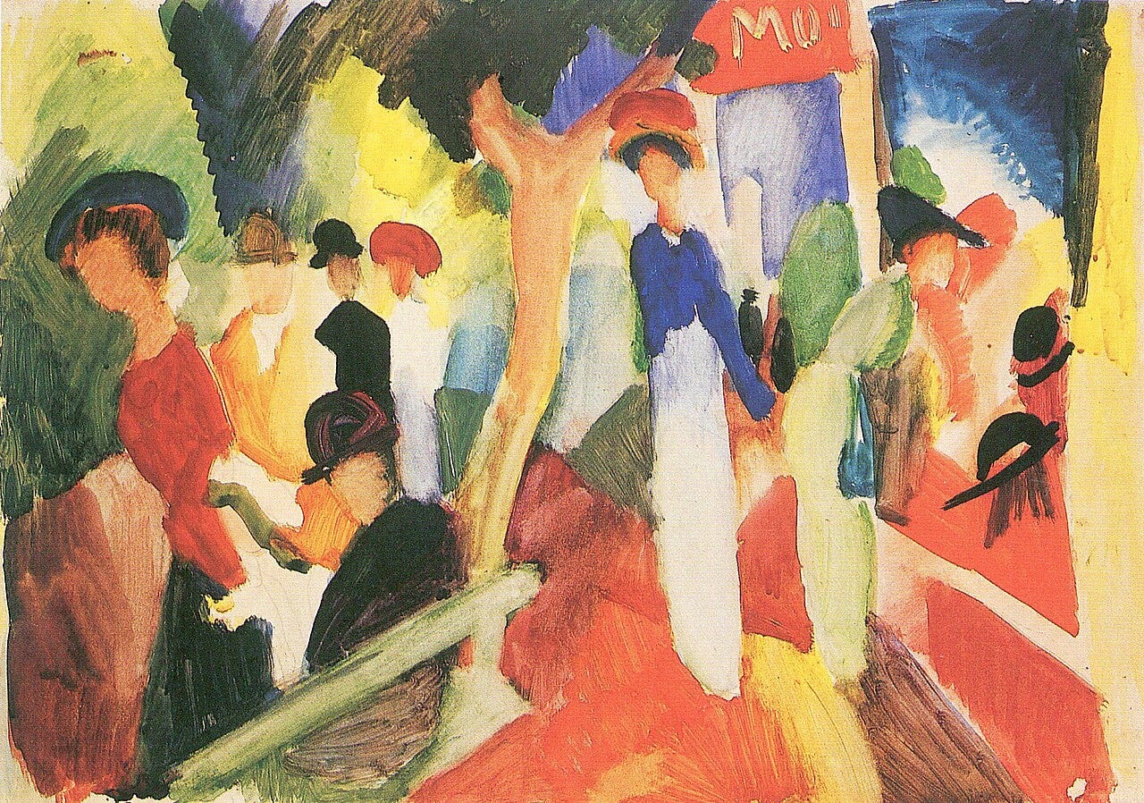 August Macke painting of a hat shop window with strolling women