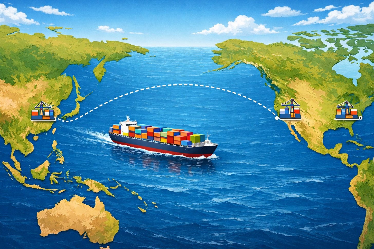 Map showing a cargo ship traveling across the ocean from Shenzhen to New York with marked ports on both coasts. Map showing a cargo ship traveling across the ocean from Shenzhen to New York with marked ports on both coasts.