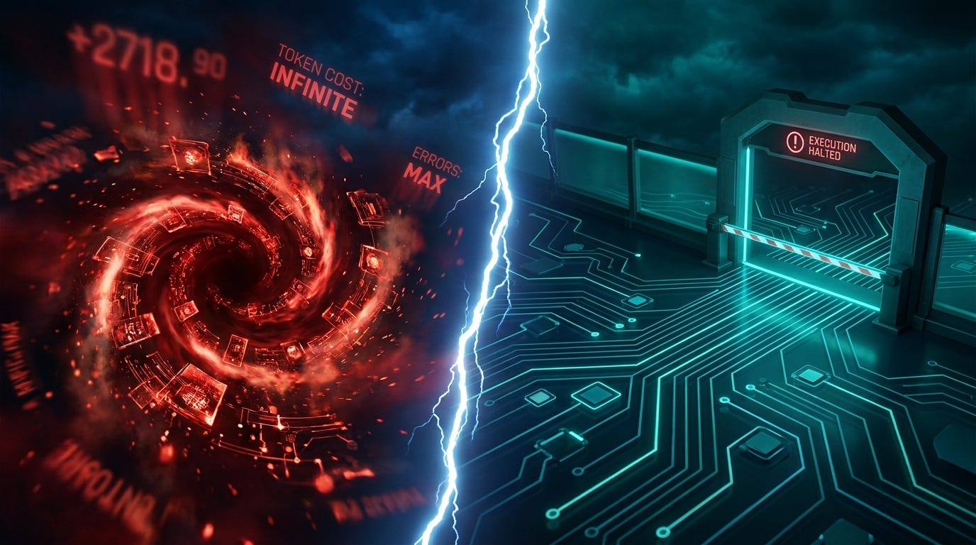 AI Agents loop stopping conditions: conceptual art of a chaotic agentic AI loop transforming into a controlled circuit with a definitive stop gate AI Agents loop stopping conditions: conceptual art of a chaotic agentic AI loop transforming into a controlled circuit with a definitive stop gate