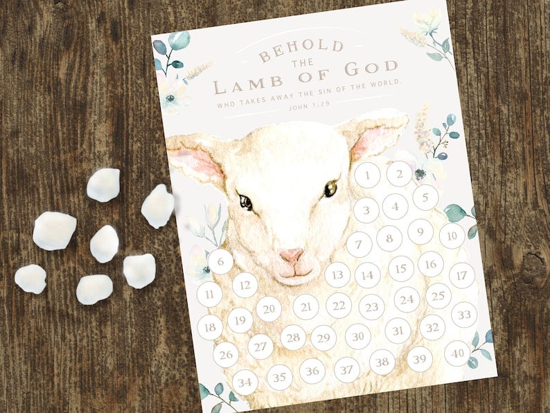 May include: A printable Easter game with a watercolor illustration of a white lamb's face. The lamb's face is surrounded by a circle of numbers from 1 to 40. The text at the top of the page reads 'Behold the Lamb of God, Who takes away the sin of the world. John 1:29'.