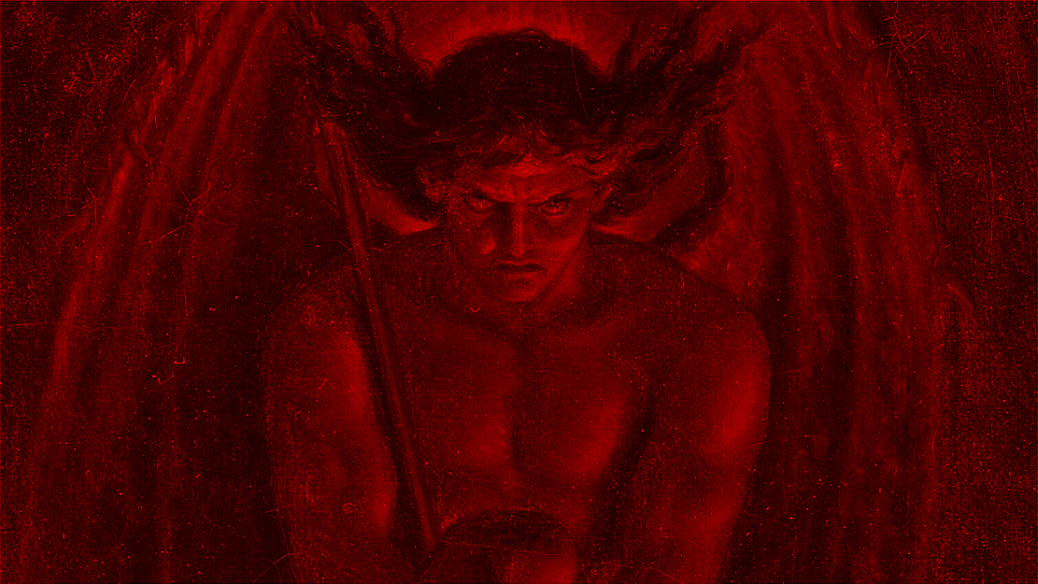 Satan, staring intently forward with sword at the ready.