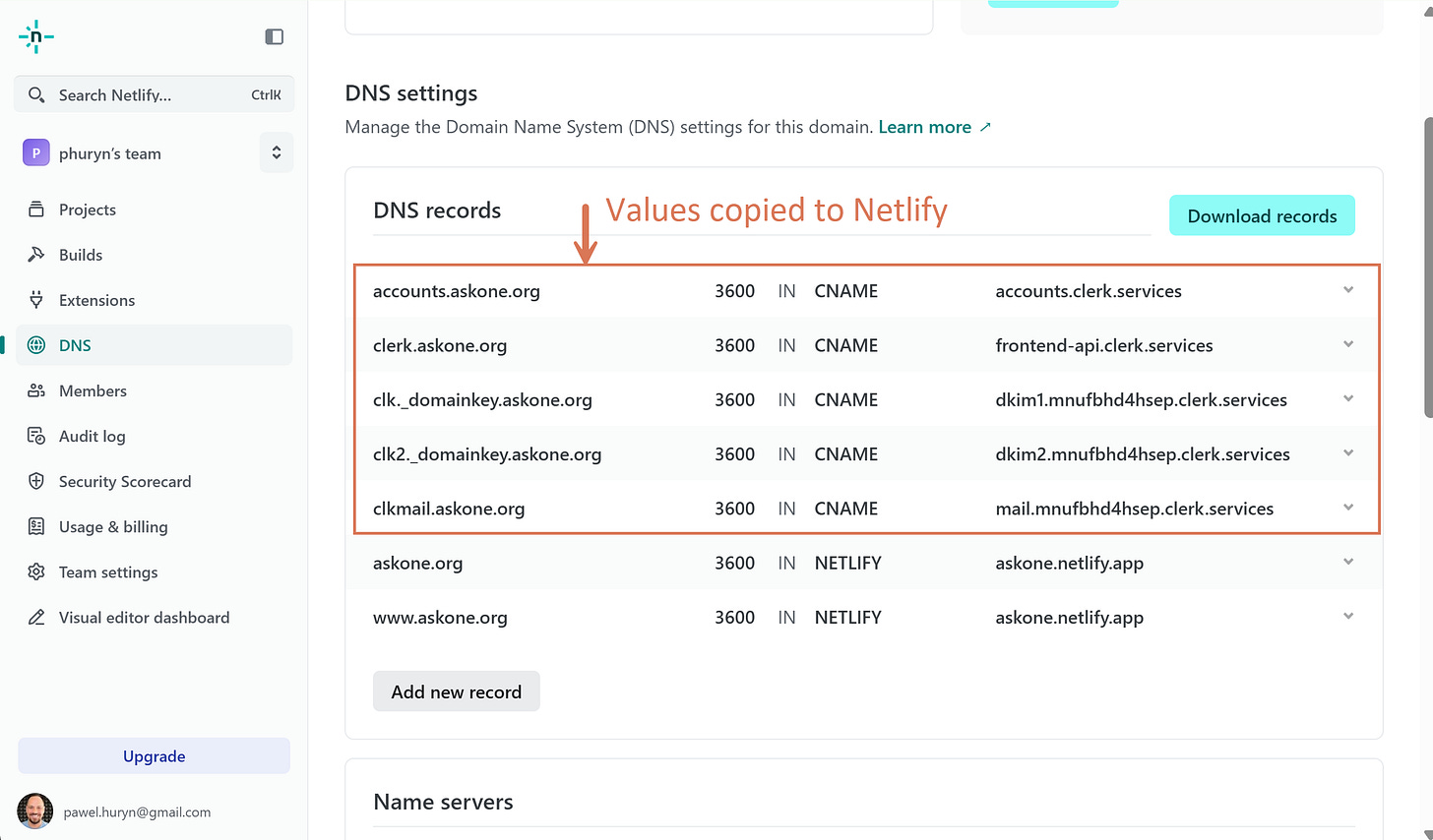 Clerk DNS records added in Netlify DNS Clerk DNS records added in Netlify DNS