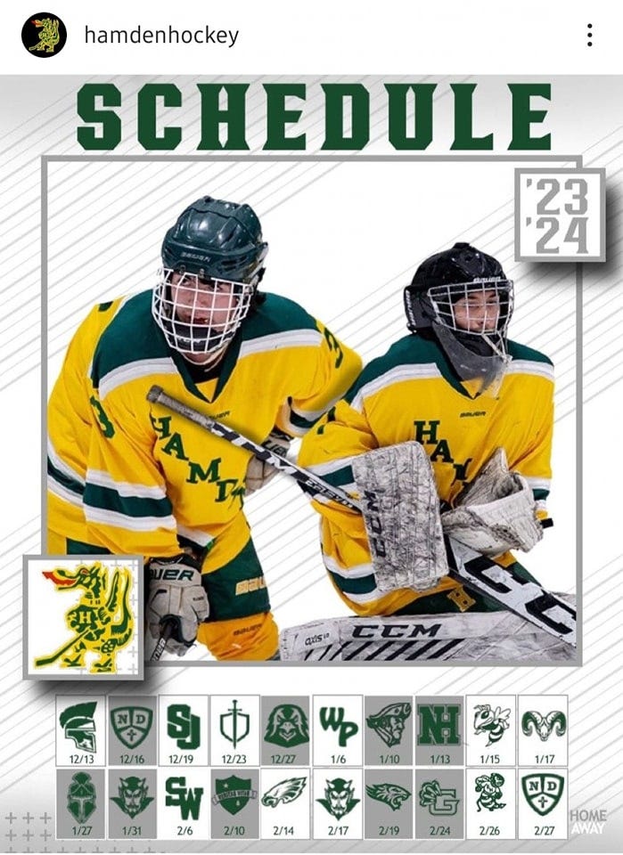 May be an image of ‎2 people, people playing hockey and ‎text that says '‎hamdenhockey SCHEDULE 23 24 SAMS aus" CCM 12/13 12/16 12/19 12/23 12/27 up مل 1/6 1/10 1/27 1/13 1/15 1/31 ស 1/17 2/6 2/10 2/14 2/17 2/19 2/24 2/26 HOME 2/27‎'‎‎