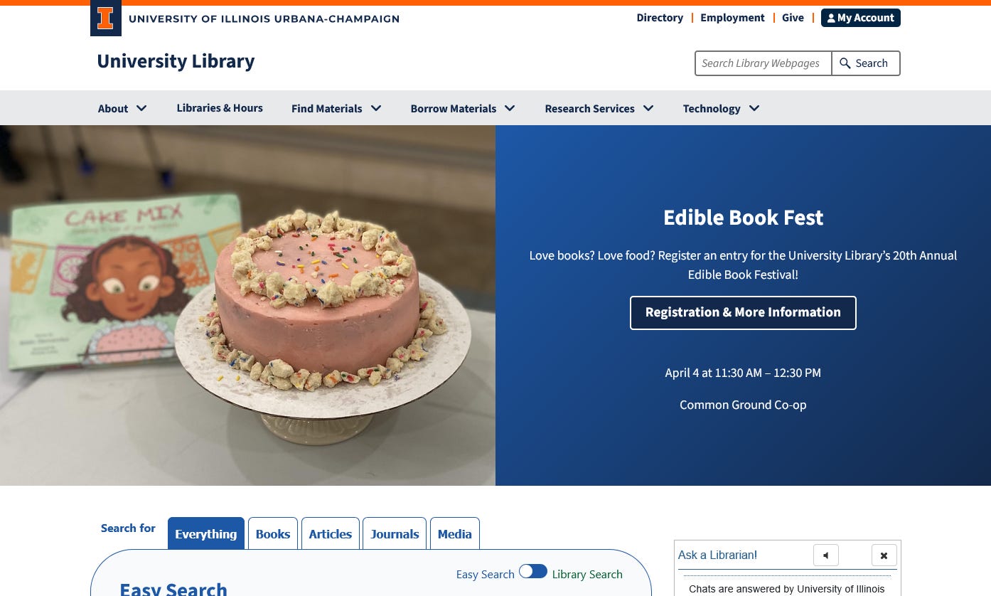 Screenshot of the University of Illinois Urbana-Champaign library website showing the 2026 Champaign-Urbana Edible Book Festival announcement, featuring a photo of a decorated cake and book
