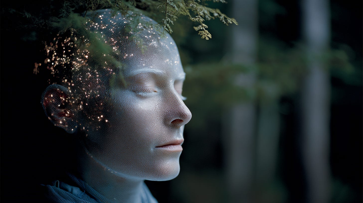 extreme close-up shot of a humanoid figure in deep meditation within a glowing neural forest, streams of data flowing around, vibrant bioluminescent trees, merging consciousness and cosmic knowledge --ar 16:9 --sref 3586743350 --profile vumoqva --sv 4 --v 7 extreme close-up shot of a humanoid figure in deep meditation within a glowing neural forest, streams of data flowing around, vibrant bioluminescent trees, merging consciousness and cosmic knowledge --ar 16:9 --sref 3586743350 --profile vumoqva --sv 4 --v 7