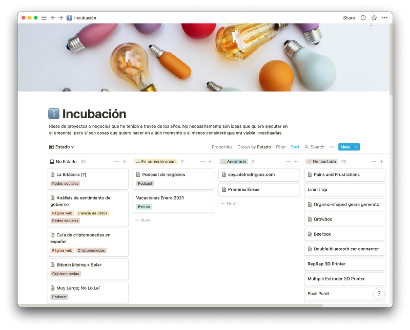 Un tablero en Notion, con 4 columnas que dicen “No Estado”, “En consideración”, “Aceptadas” y “Descartadas” Un tablero en Notion, con 4 columnas que dicen “No Estado”, “En consideración”, “Aceptadas” y “Descartadas”