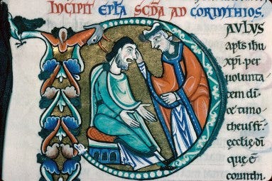 Ananias restores Saul's sight as illustrated in illuminated Latin Bible text.
