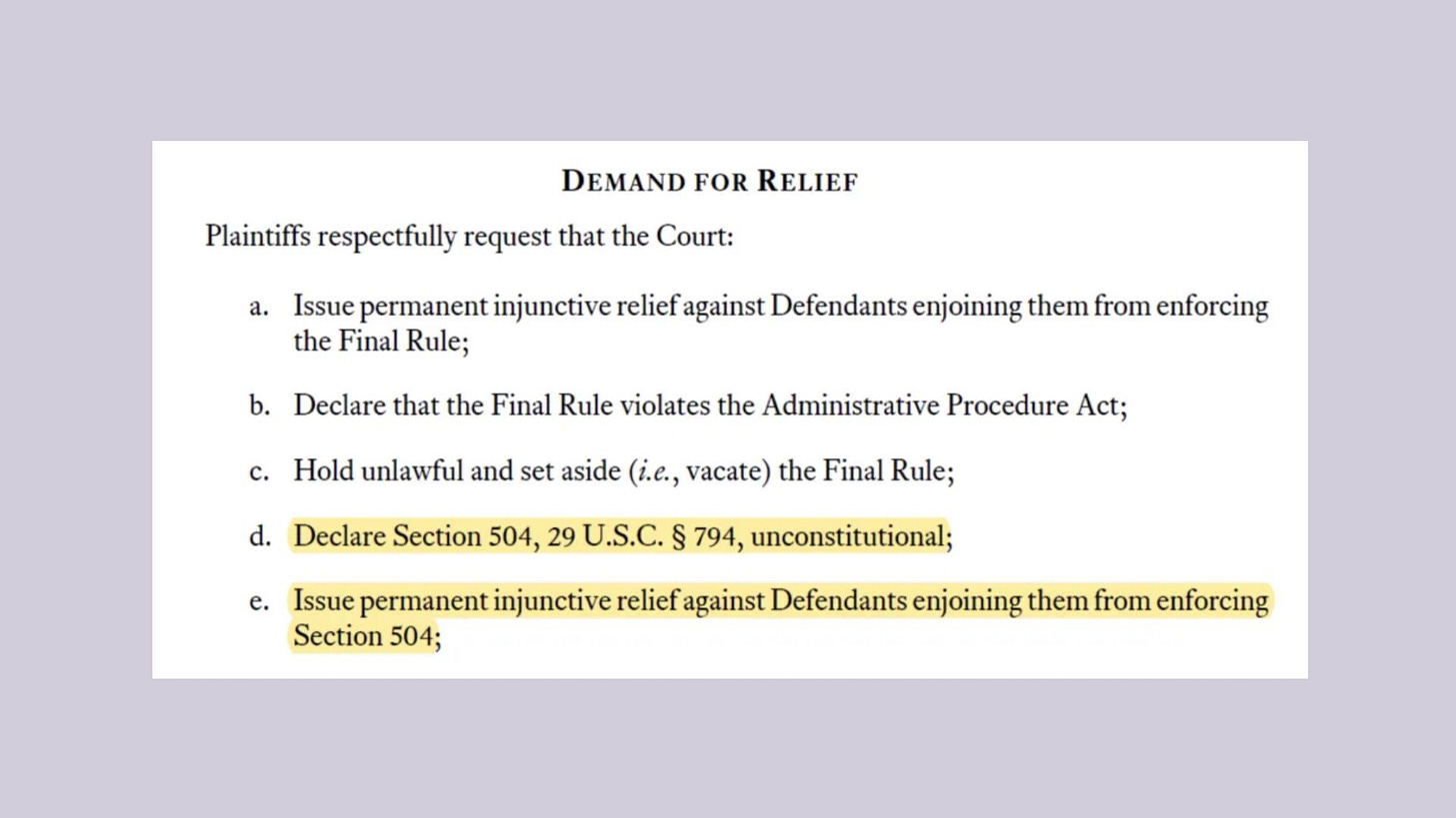 DEMAND FOR RELIEF Plaintiffs respectfully request that the Court: a. Issue permanent injunctive relief against Defendants enjoining them from enforcing the Final Rule; b. Declare that the Final Rule violates the Administrative Procedure Act; c. Hold unlawful and set aside (i.e., vacate) the Final Rule; d. Declare Section 504, 29 U.S.C. § 794, unconstitutional; e. Issue permanent injunctive relief against Defendants enjoining them from enforcing Section 504;
