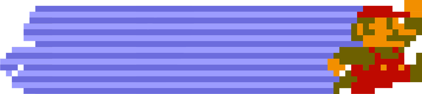 8-bit Mario from Super Mario Bros. against a purple background with alternating shades of purple speed lines.