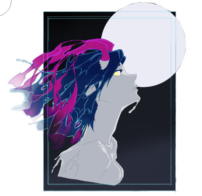 Side-profile view of a female character with gray skin tone and yellow eyes looking sideways, long hair flowing dynamically in blue and pink hues resembling water splashes and waves extending from the head, large circular white moon positioned behind the head in the upper left, overall composition framed in a black border with white construction lines visible on the moon and edges indicating ongoing digital editing process.