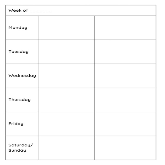 A sample weekly spread, with areas for each day split by AM/PM.