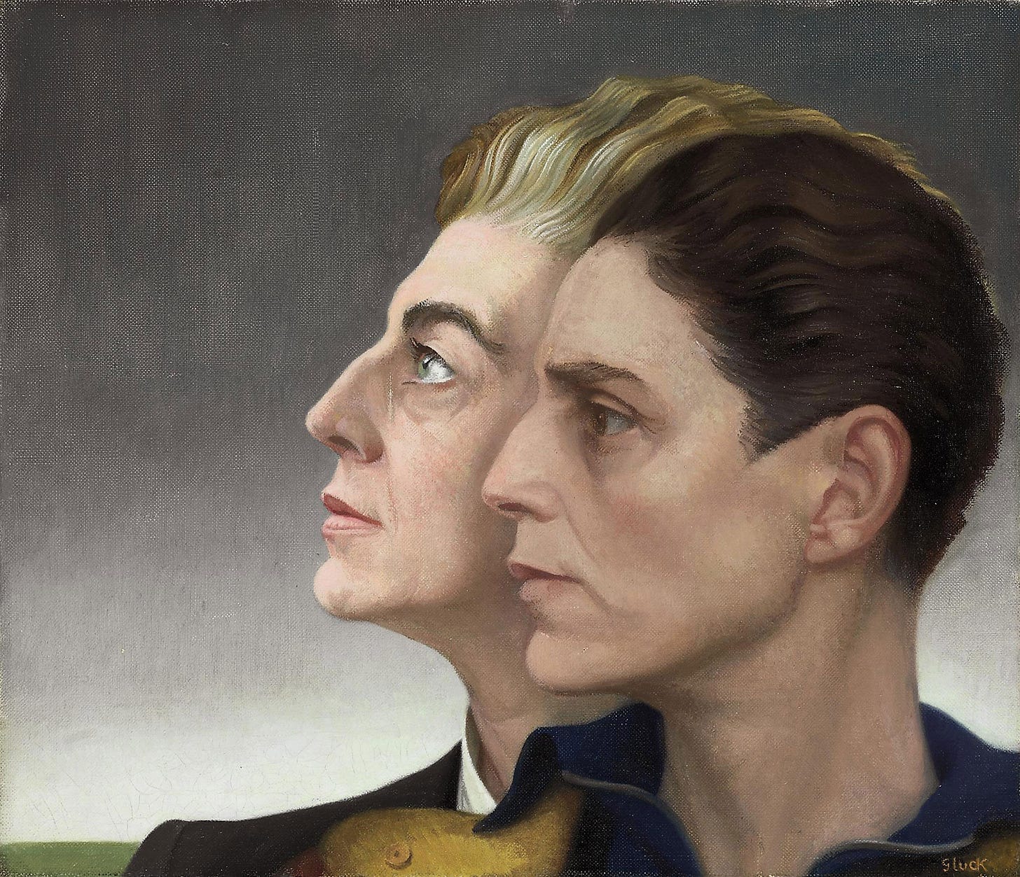A painting of two figures in profile, one with light blonde hair and the other dark-haired, gaze intently to the right. The background is a muted gradient, evoking a contemplative mood. They both has short hair, and chiseled facial features. They are both wearing collared dark shirts. A painting of two figures in profile, one with light blonde hair and the other dark-haired, gaze intently to the right. The background is a muted gradient, evoking a contemplative mood. They both has short hair, and chiseled facial features. They are both wearing collared dark shirts.