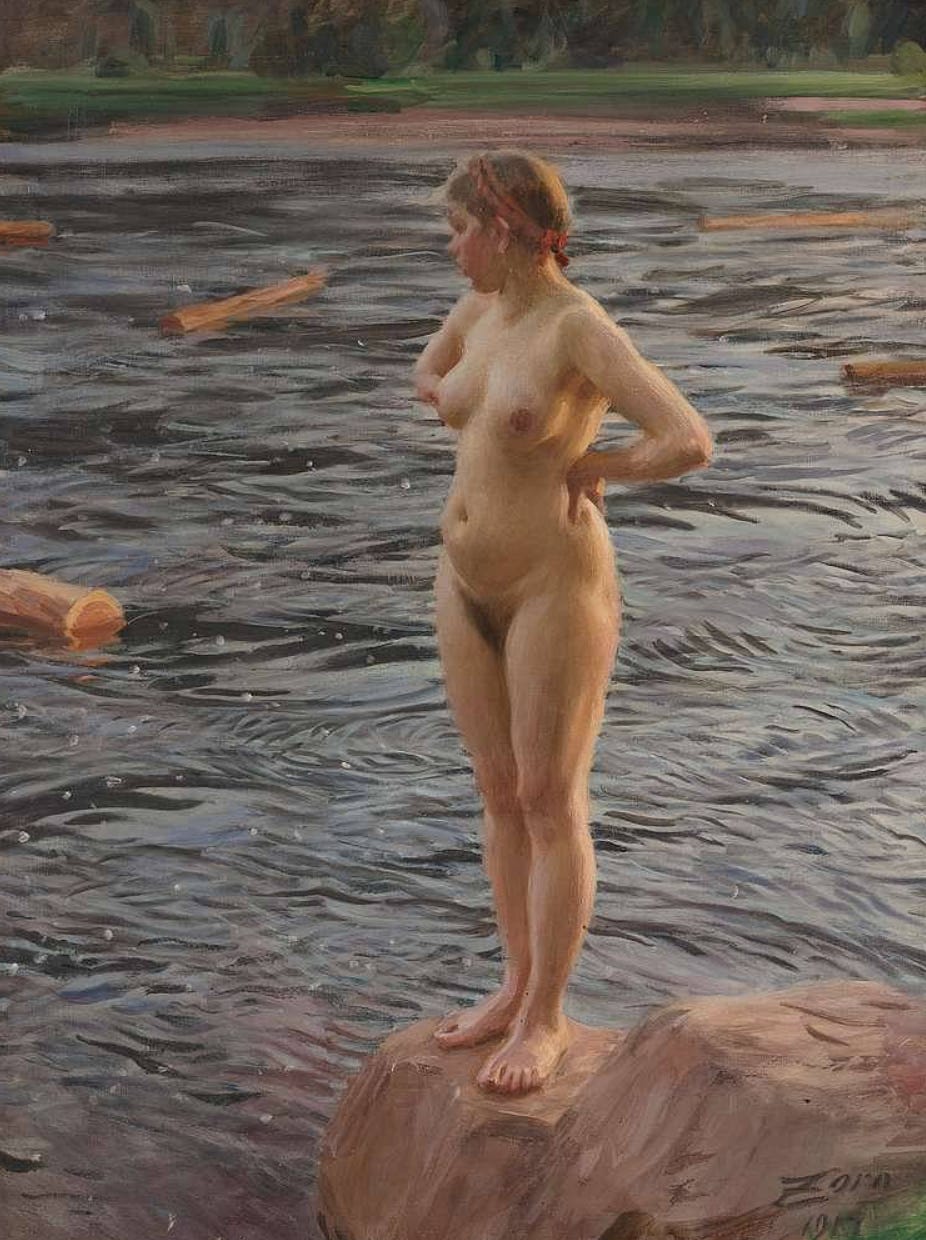 A realistic oil painting by Anders Zorn depicting a nude woman standing on a rock at the edge of a gently rippling river. Her body is lit by soft sunlight, with warm tones that contrast against the cool, dark water. She stands with her hands on her hips, looking contemplatively to her left. Her reddish-blonde hair is tied back with a red headband. In the background, floating logs drift downstream, suggesting a rural logging area. The mood is serene and grounded in nature. A realistic oil painting by Anders Zorn depicting a nude woman standing on a rock at the edge of a gently rippling river. Her body is lit by soft sunlight, with warm tones that contrast against the cool, dark water. She stands with her hands on her hips, looking contemplatively to her left. Her reddish-blonde hair is tied back with a red headband. In the background, floating logs drift downstream, suggesting a rural logging area. The mood is serene and grounded in nature.