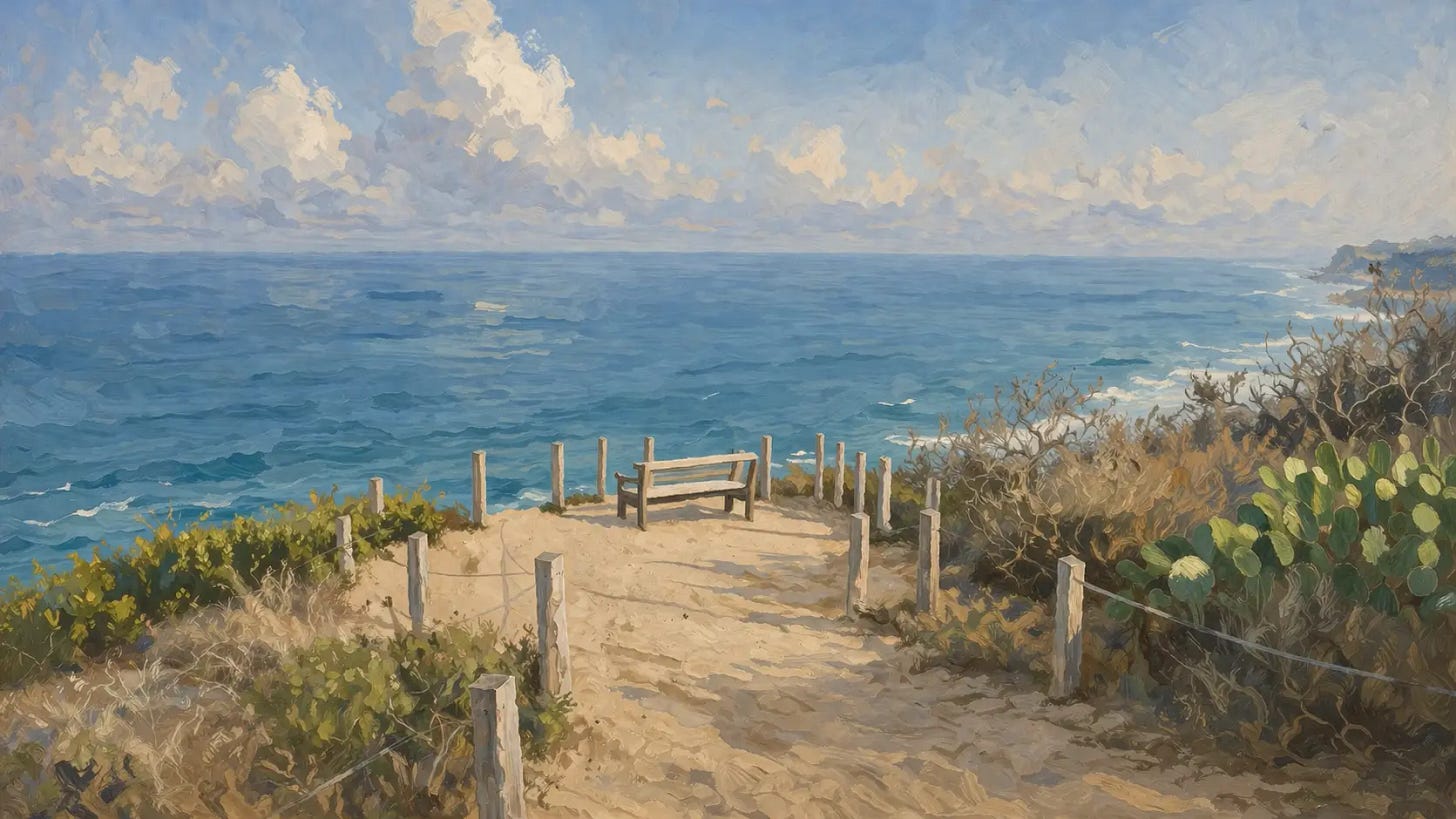 Oil painting of the wooden bench at an overlook in The Guy Fleming Trail at Torrey Pines Reserve, facing the Pacific Ocean under a cloudy blue sky, with coastal scrub and rope-lined trail posts on either side.