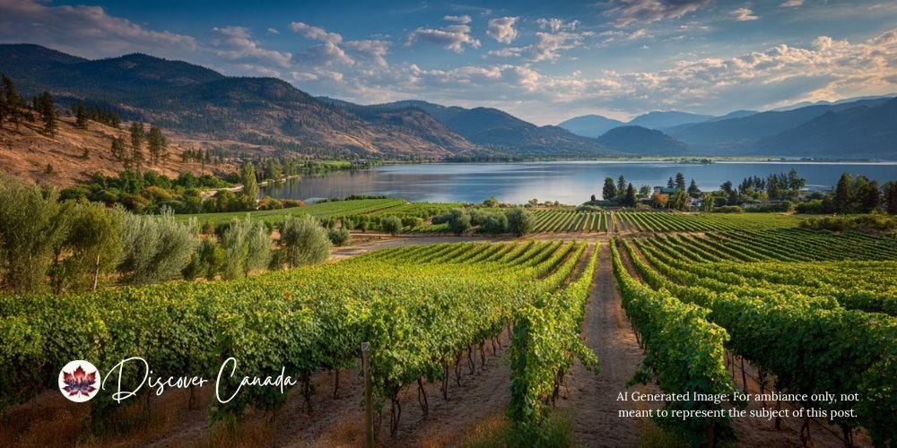 Scenic view of Okanagan Valley vineyards with mountains and lake in the background Scenic view of Okanagan Valley vineyards with mountains and lake in the background