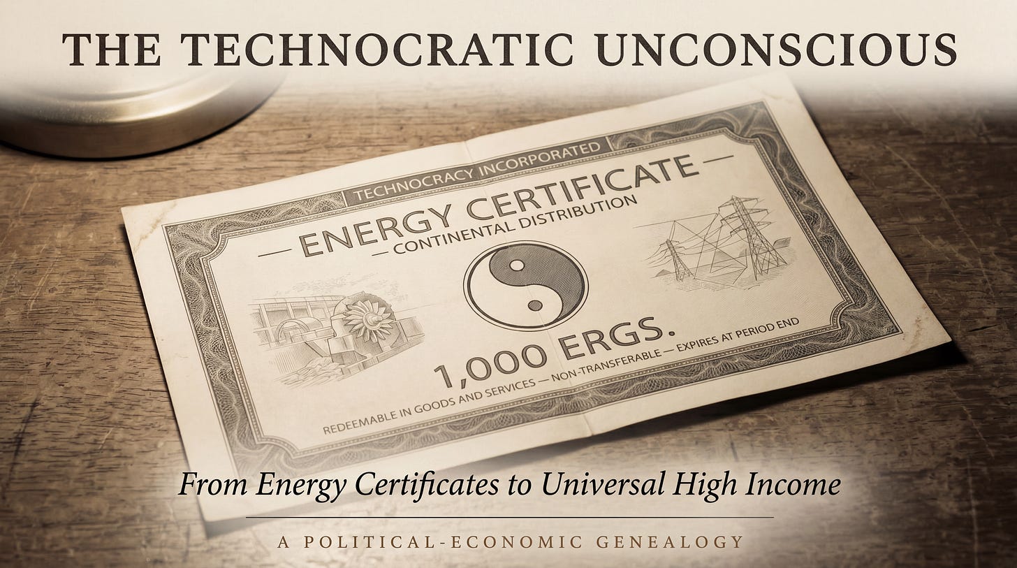 A 1930s Technocracy Incorporated Energy Certificate, denominated 1,000 ergs, printed on aged cream paper with engraved borders and the organization's circular Monad emblem at center.