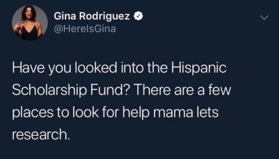 Rubén🇵🇸🇵🇸🇵🇸 on X: "What is a Latina girlboss if not Gina Rodriguez  tweeting a poor student “mama let's research” when they asked for tuition  aid, persevering. https://t.co/MrzwjnRPET" / X